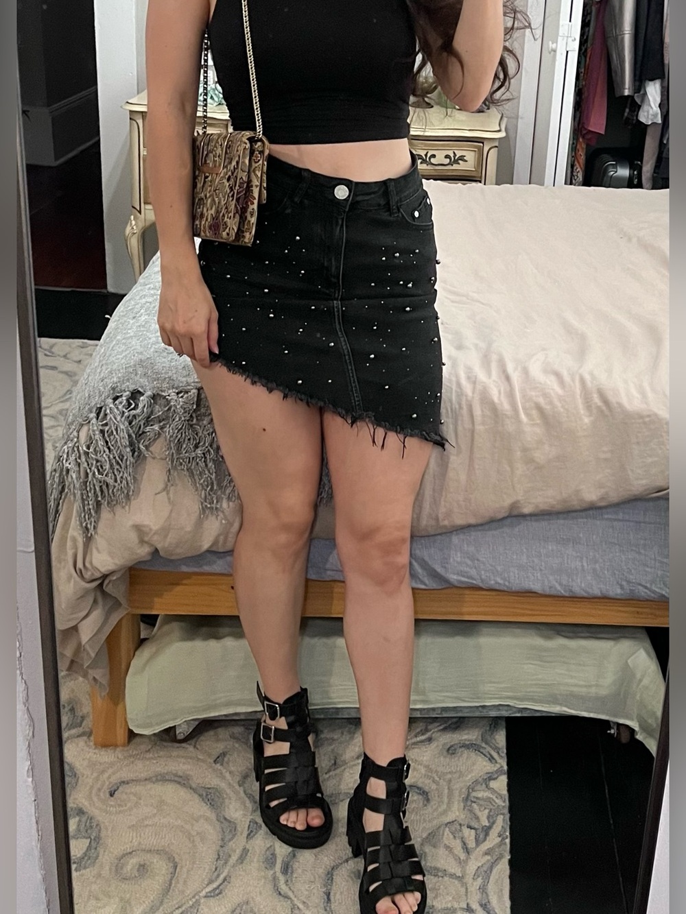 Black Asymmetrical Studded Denim Mini Skirt